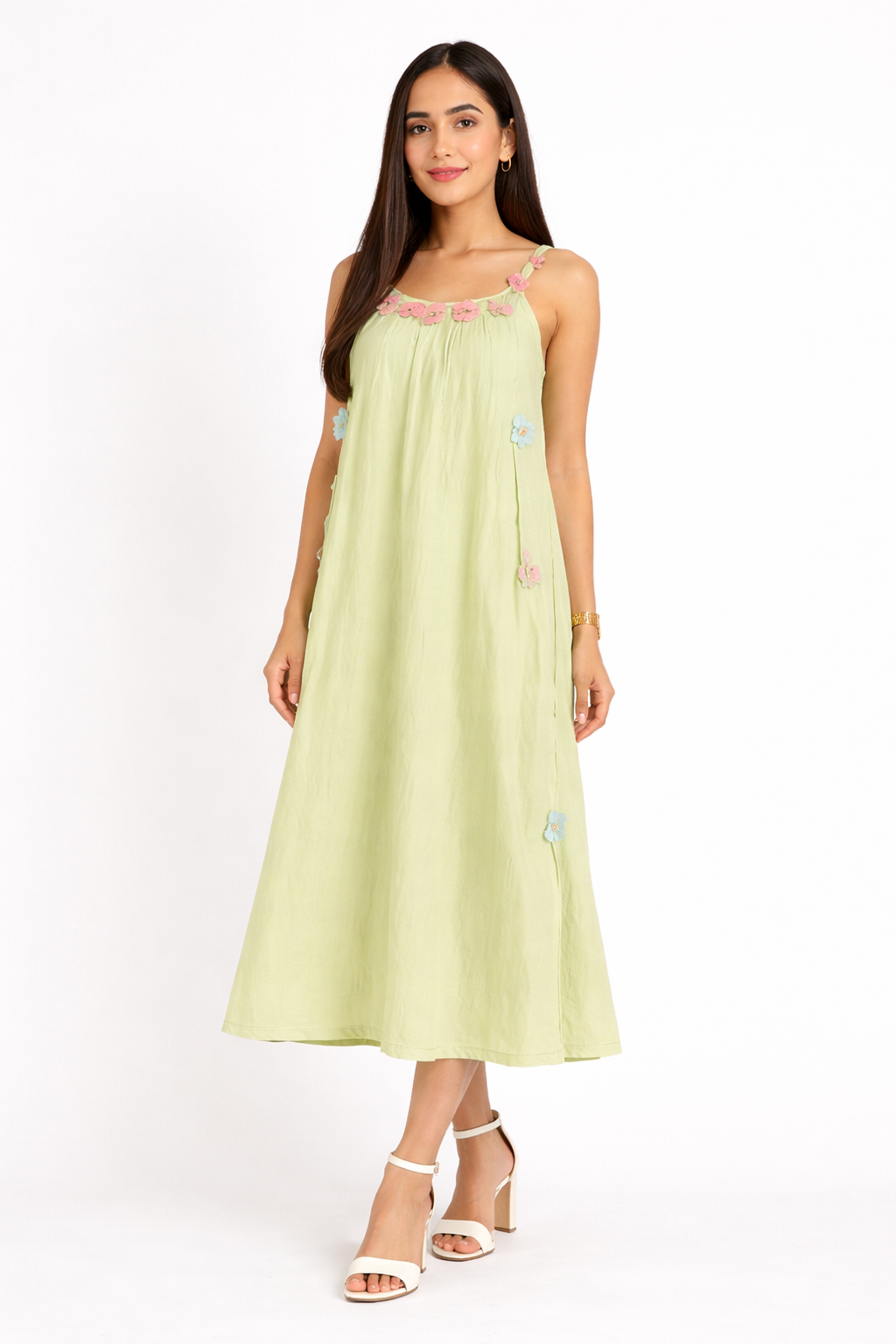 Voxelle Cotton Strap Dress With 3d Floral Mint Green