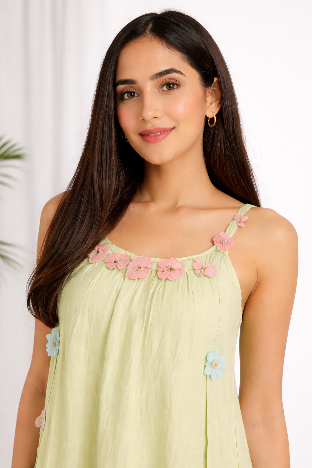 Voxelle Cotton Strap Dress With 3d Floral Mint Green