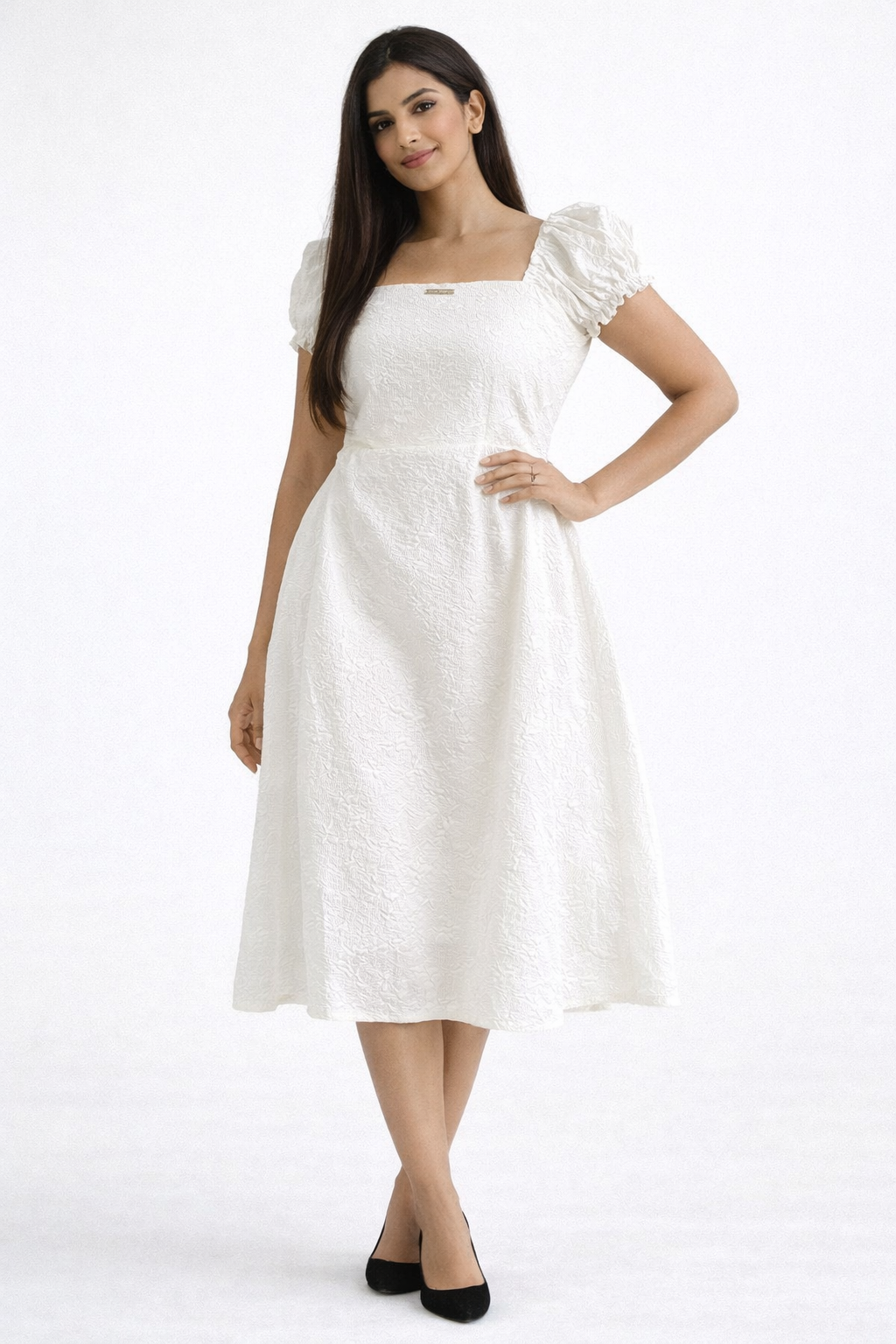 Voxelle White Textured A-Line Dress for Women