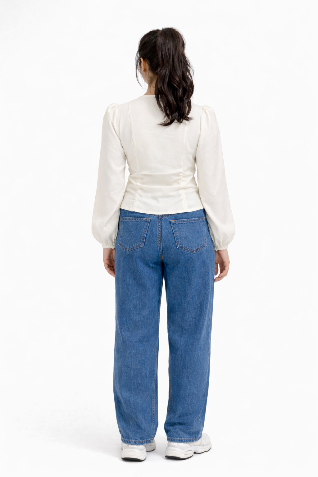 Voxelle White Ruched Balloon Sleeve Top