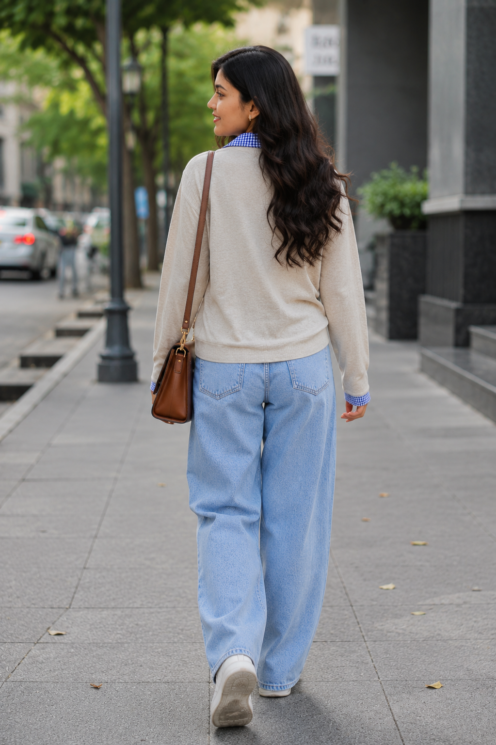 Voxelle Beige Knit Top with Blue Check Collar for Women