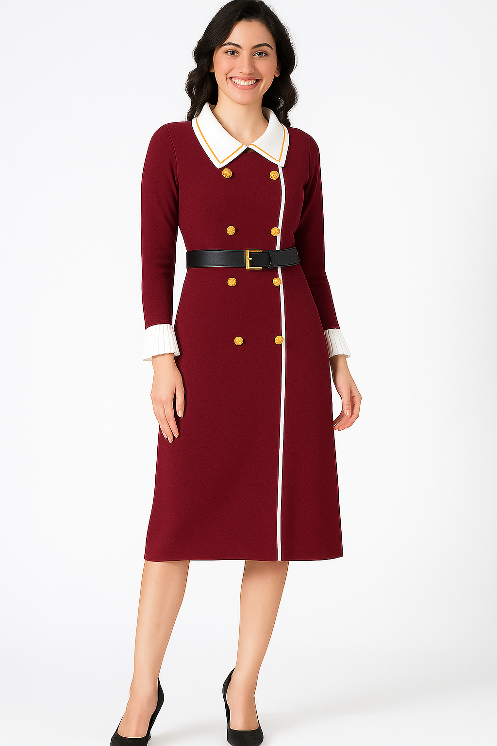 Voxelle Maroon Classic Gold Button Midi Dress