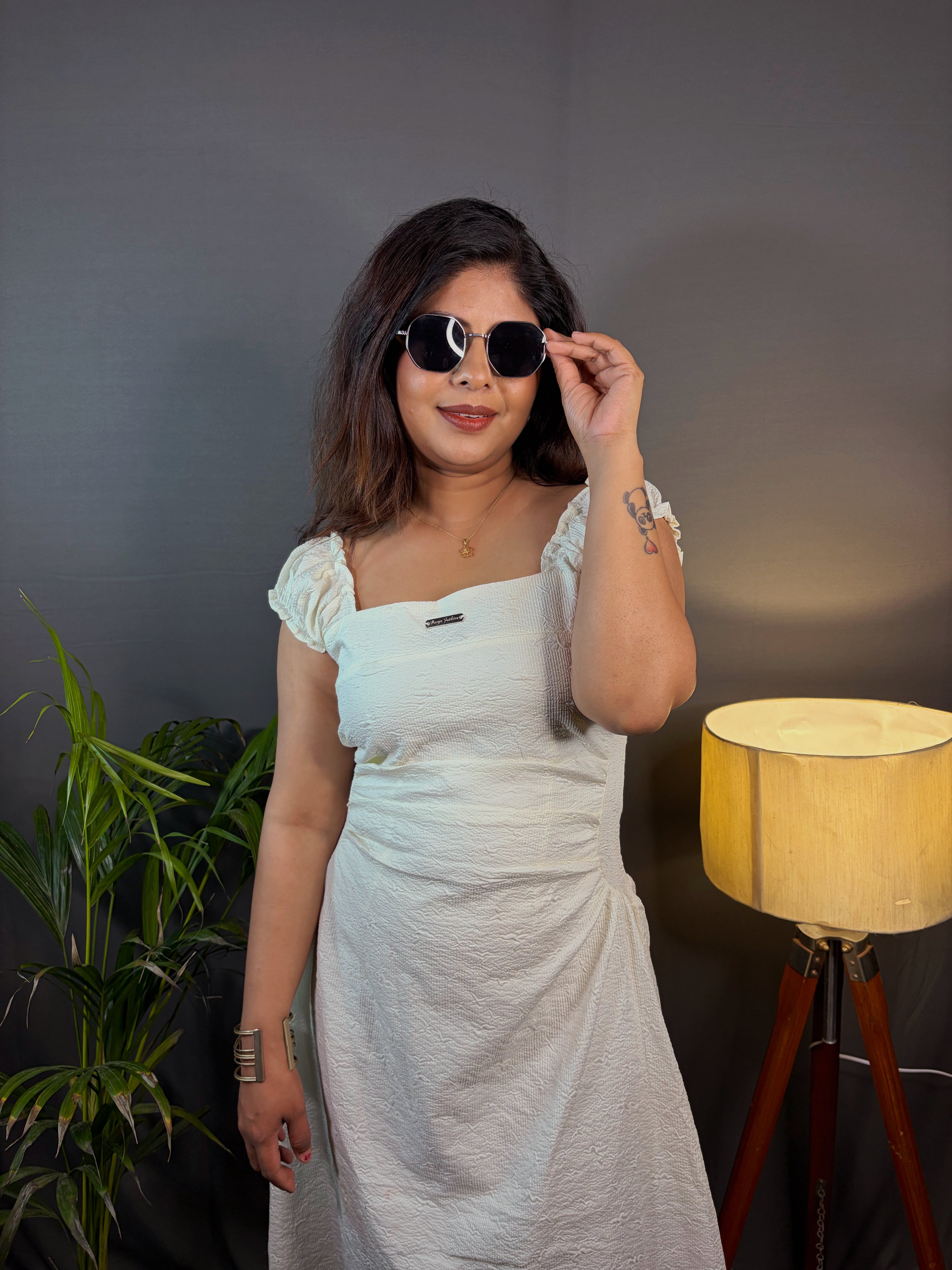 Voxelle Elegant White Textured Midi Dress for Women