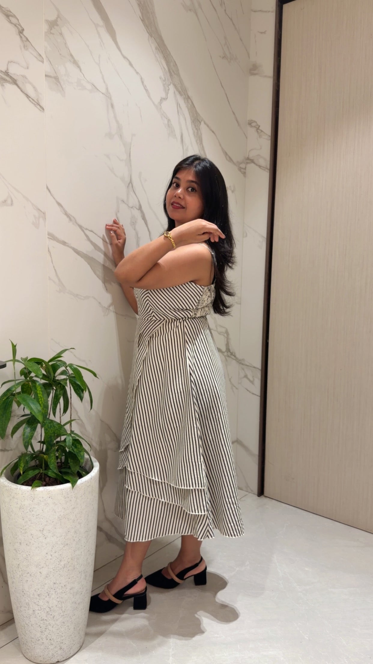 Voxelle Monochrome Stripe Layered Midi Dress