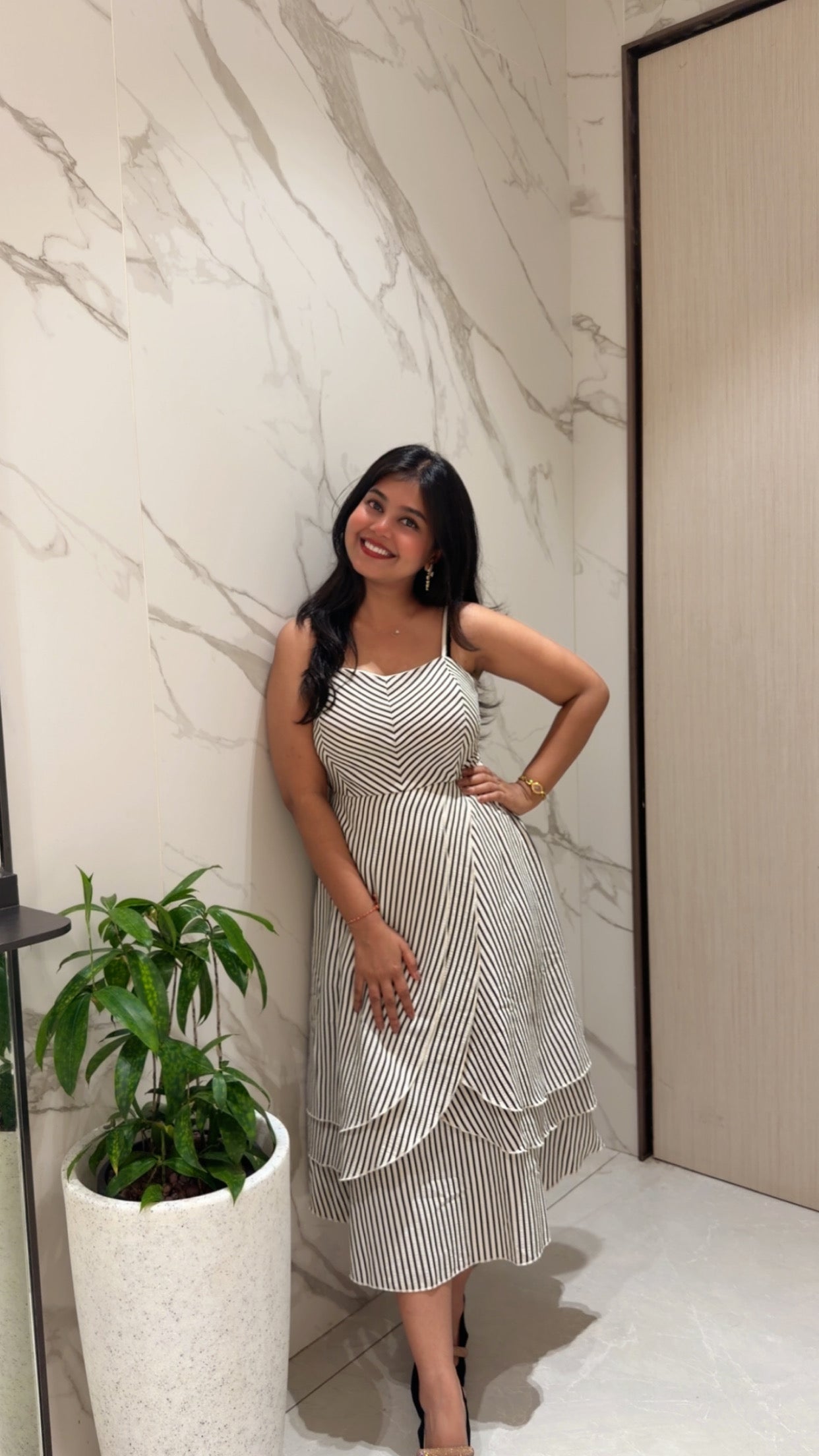 Voxelle Monochrome Stripe Layered Midi Dress