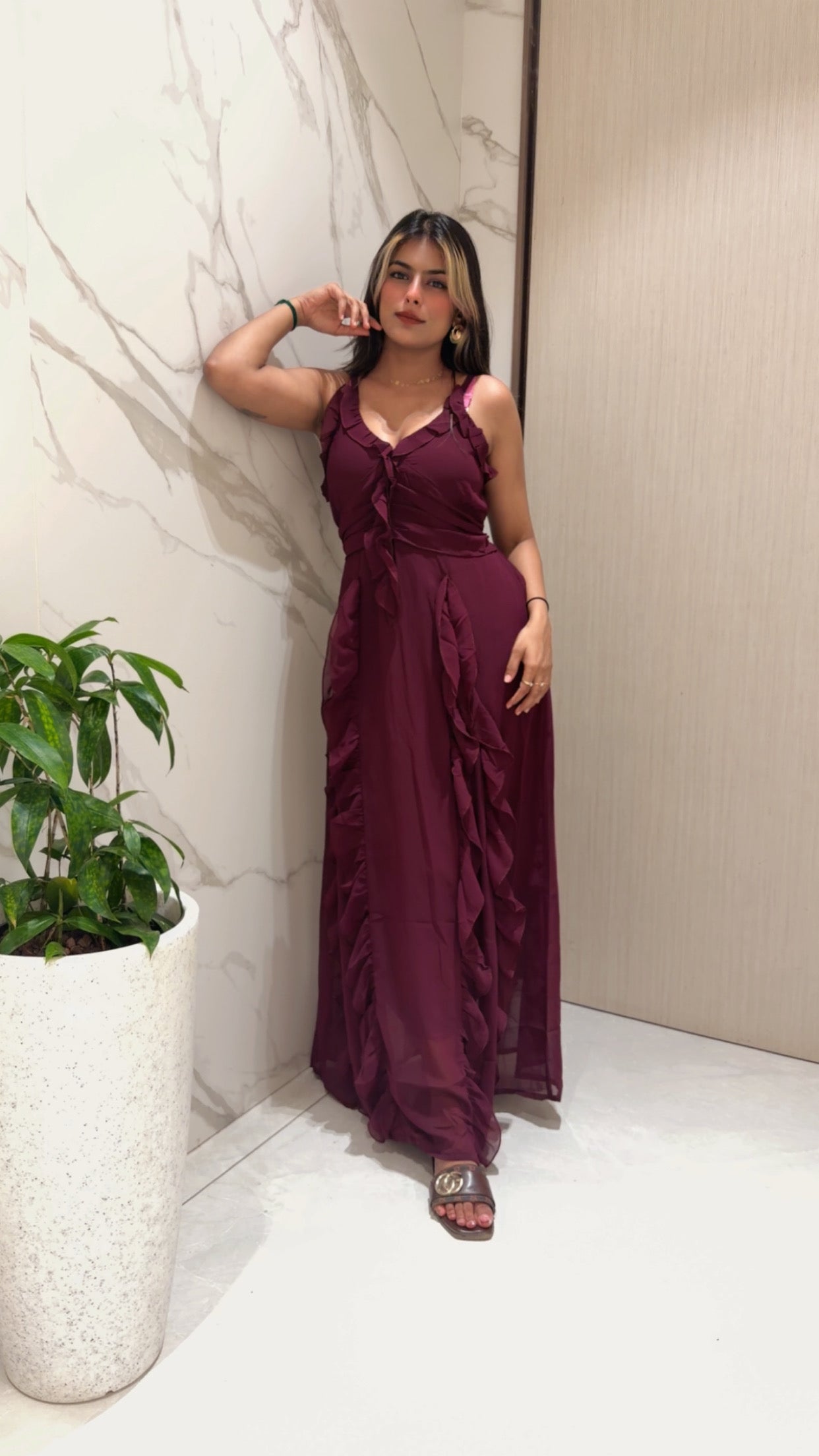 Voxelle Wine Ruffle Flow Maxi Dress