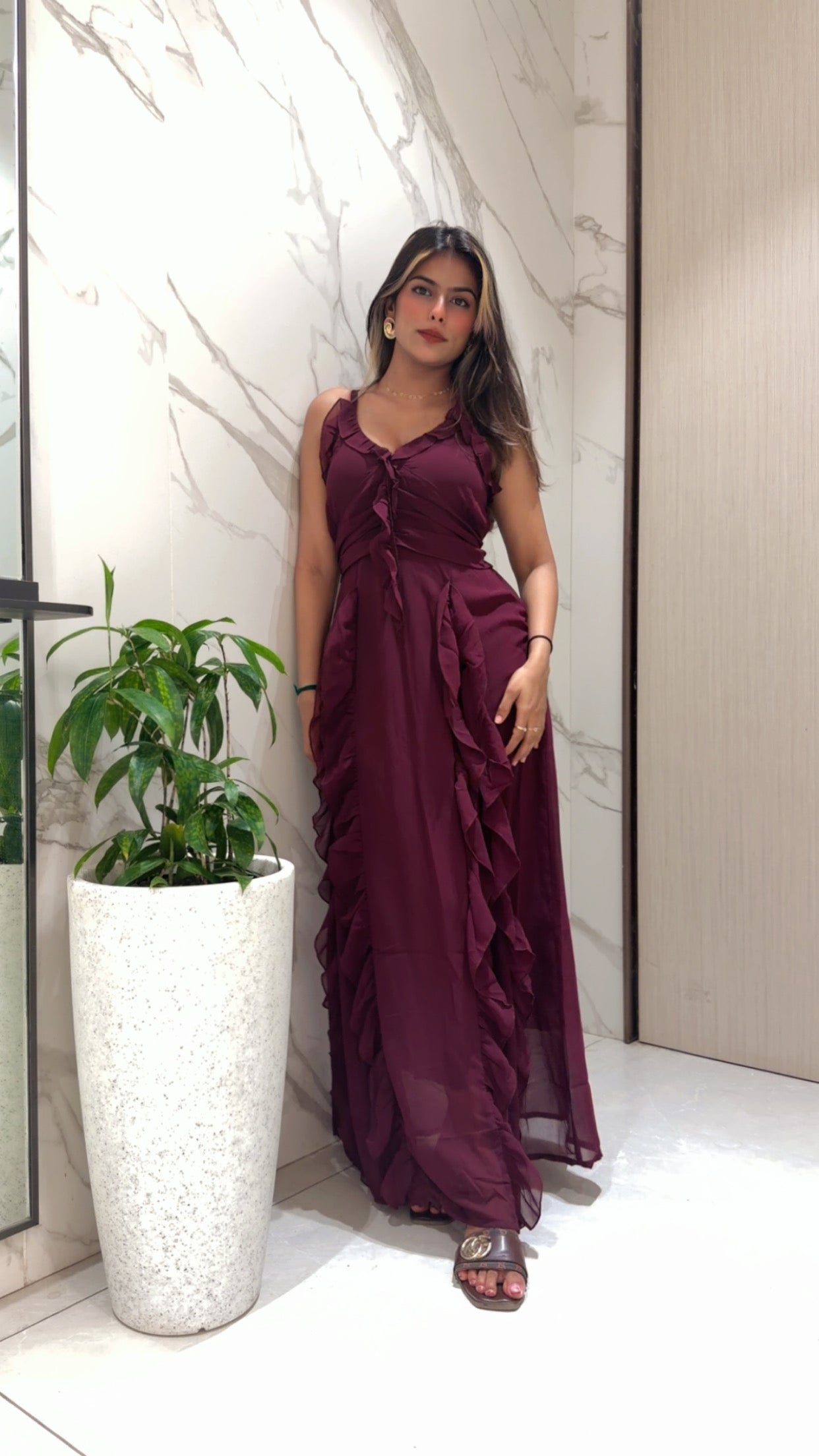 Voxelle Wine Ruffle Flow Maxi Dress