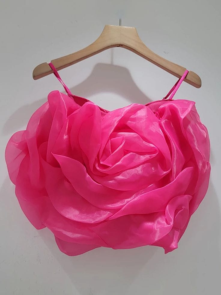Voxelle Blooming Rose Organza Crop Top – Hot Pink Statement Wear