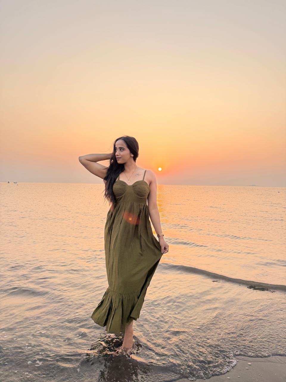 Voxelle Olive Green Sunset Flowy Maxi Dress for Women