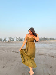 Voxelle Olive Green Sunset Flowy Maxi Dress for Women