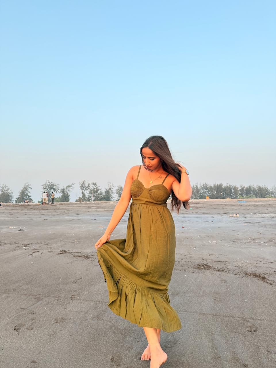 Voxelle Olive Green Sunset Flowy Maxi Dress for Women