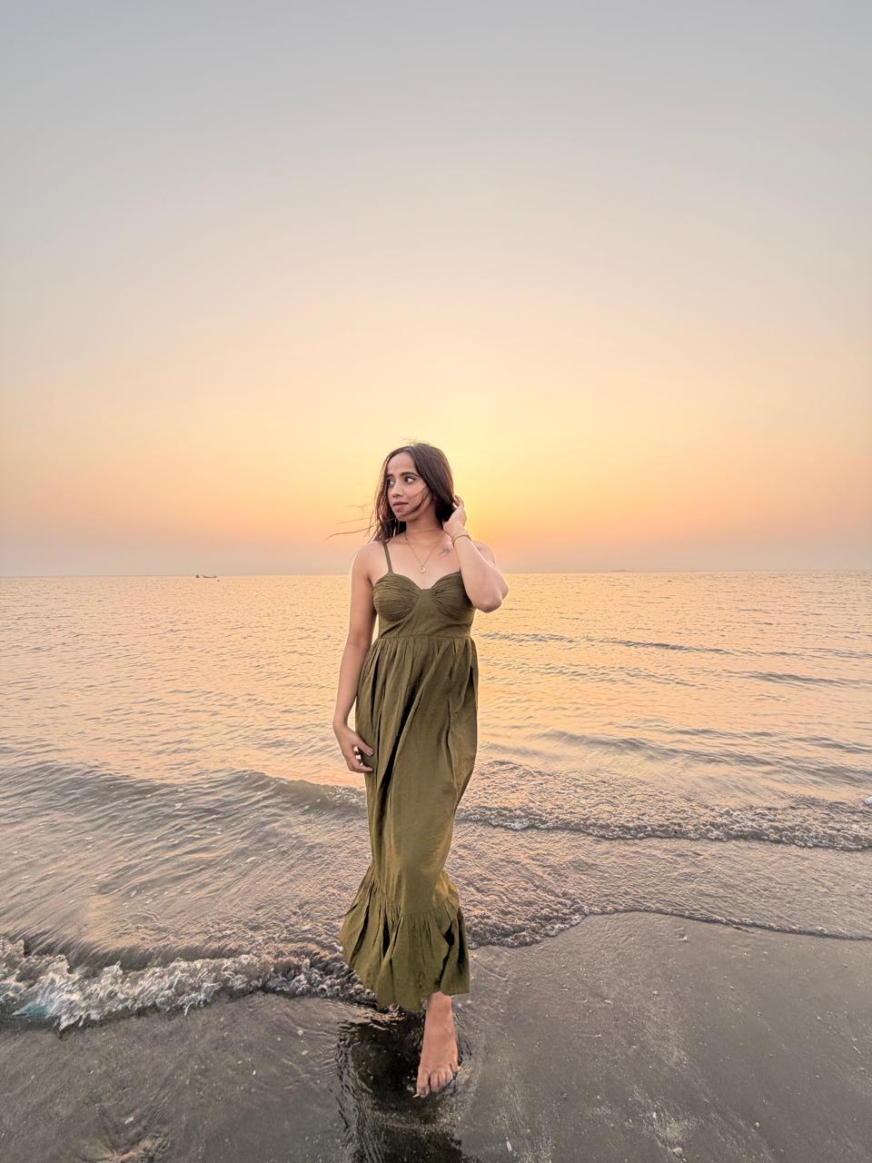 Voxelle Olive Green Sunset Flowy Maxi Dress for Women