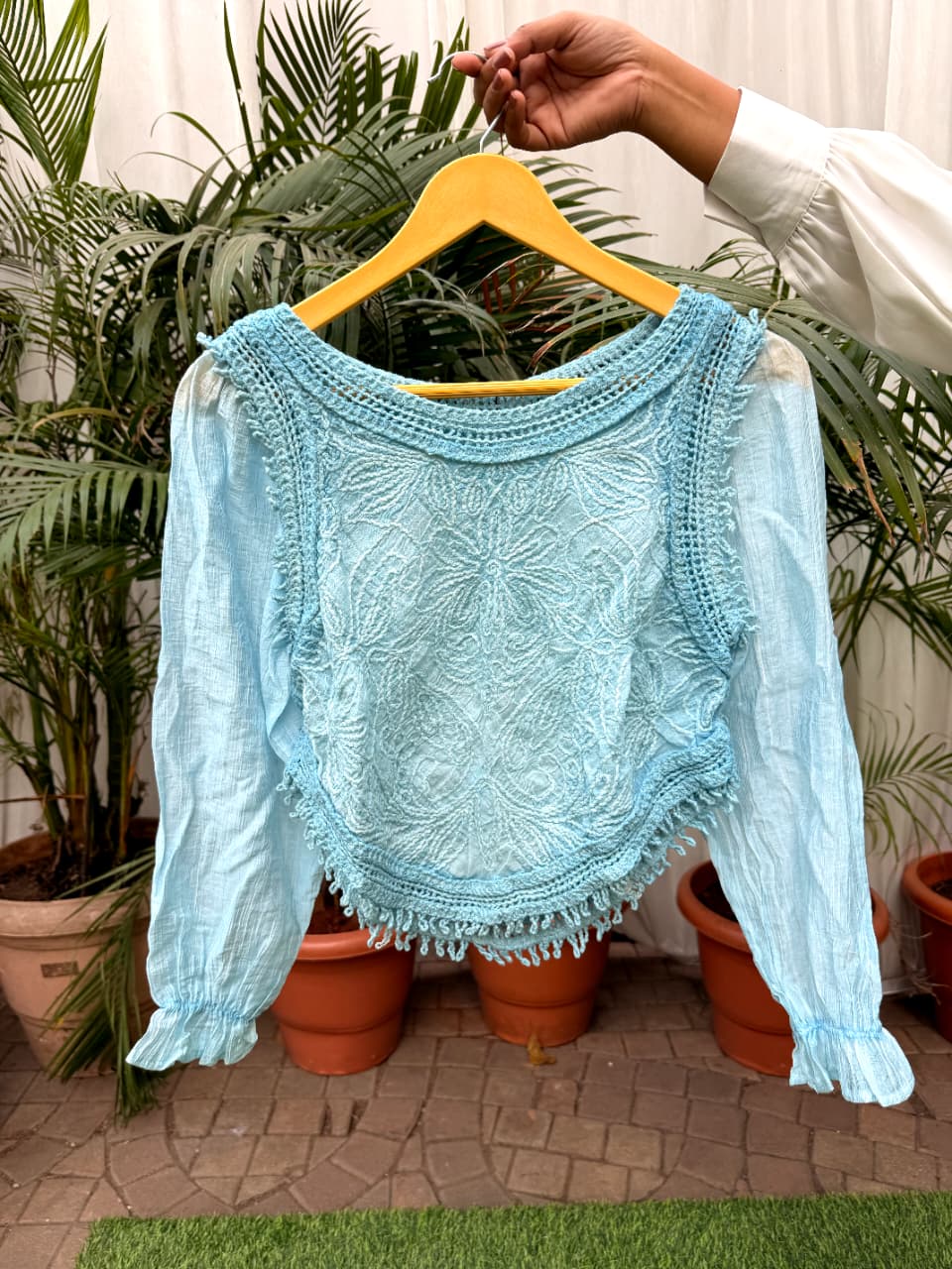 Voxelle Sky Bloom Embroidered Crop Top for Women