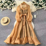 Aurelia Shimmer Organza Maxi Dress – Honey Gold Lantern Sleeve Button-Down with Ruffle Hem